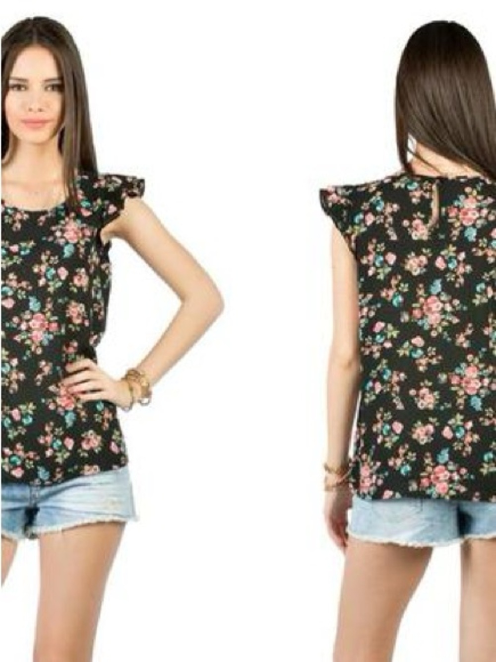 Forever 21-Women’s Black Floral Ruffle Sleeve Top